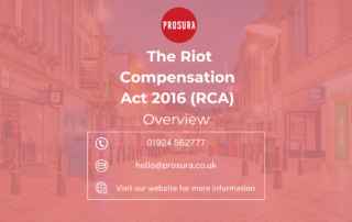 A visual that is titled "The Riot Compensation Act 2016 (RCA)" and has Prosura's contact details underneath. The background is a non-descript high street with a slightly transparent red overlay on top.