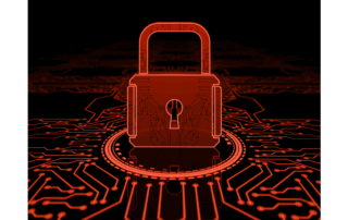 An image with a blackground and red detailing of a digital display with a red lock that represents security.