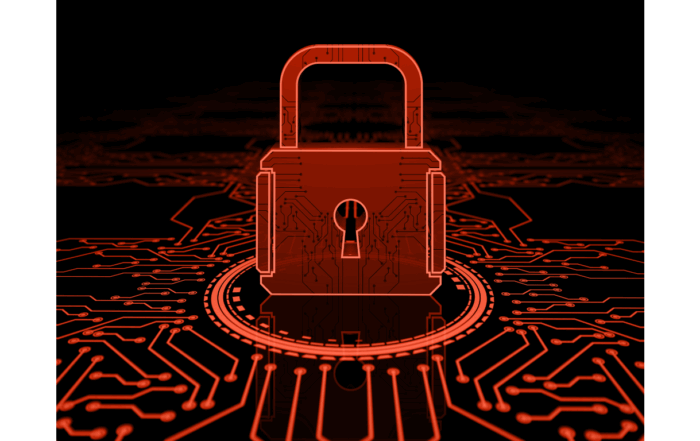 An image with a blackground and red detailing of a digital display with a red lock that represents security.