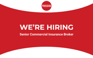 a red and white graphic that says "We're hiring. Senior Commercial Insurance Broker".